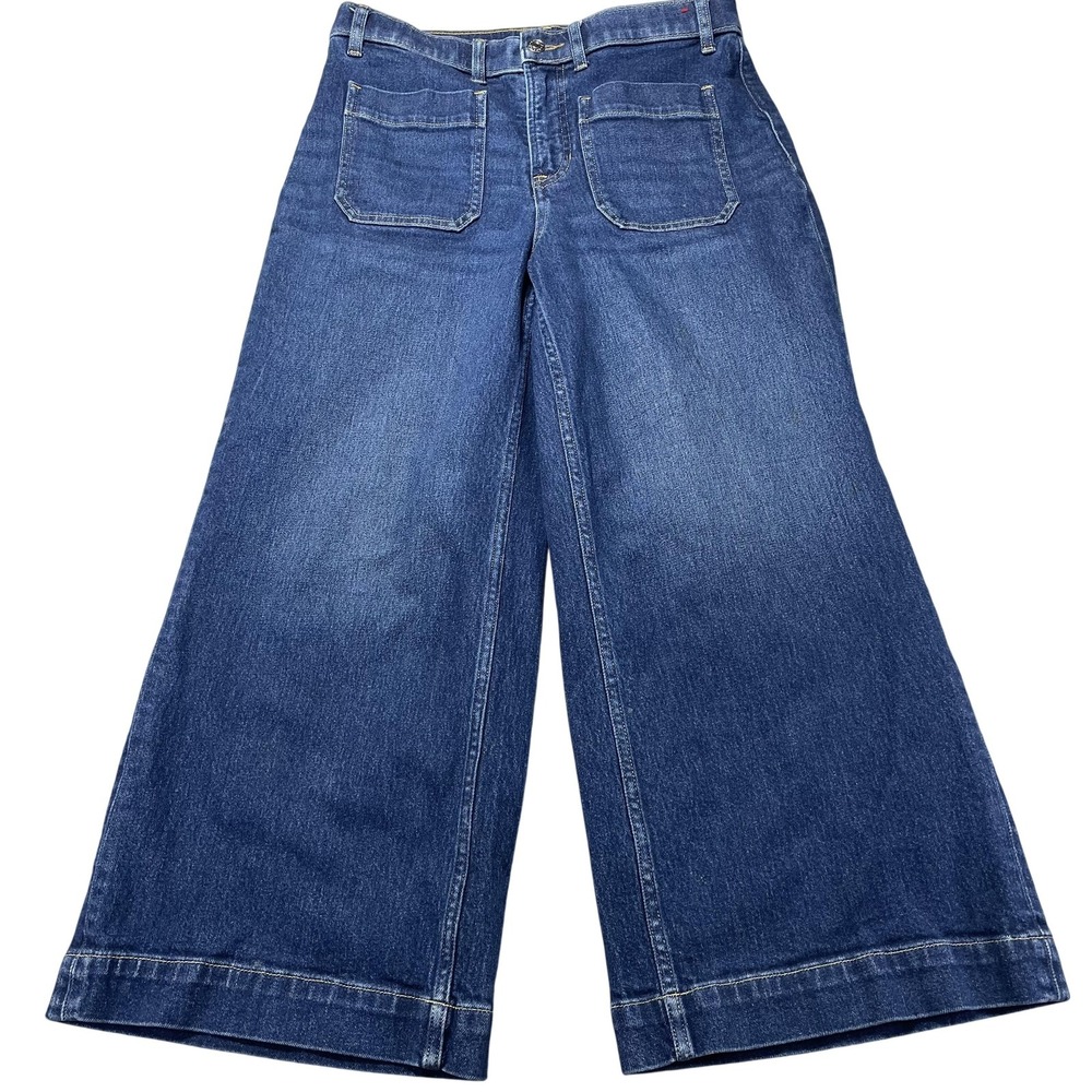 Spanx Jeans Womens Medium Petite Blue Med Wash High Rise Wide Leg Crop Denim